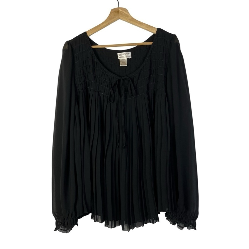 Max Studio Black Pleated‎ Tie Neck Chiffon Long Sleeve Top M